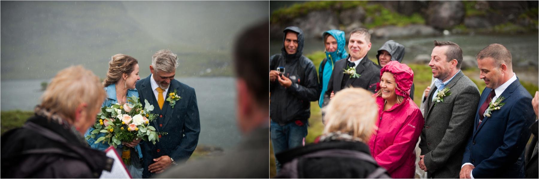 Guests brave wind, rain and hail stones during a wedding ceremony on the Isle of Skye. 