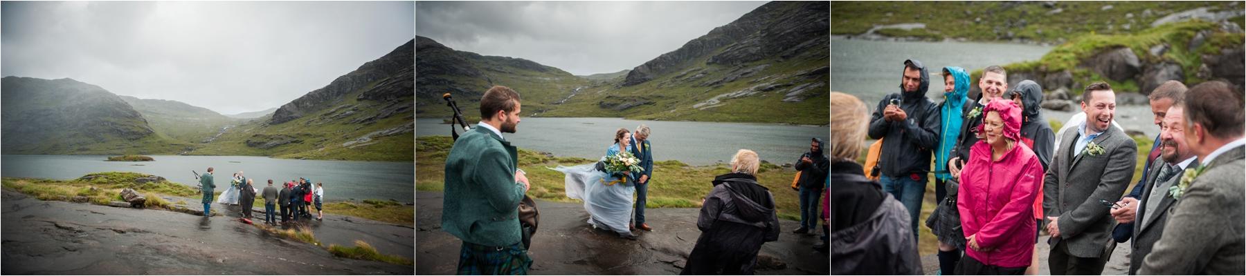 A wedding ceremony on the banks of Loch Coruisk during dramatic wind and rain. 