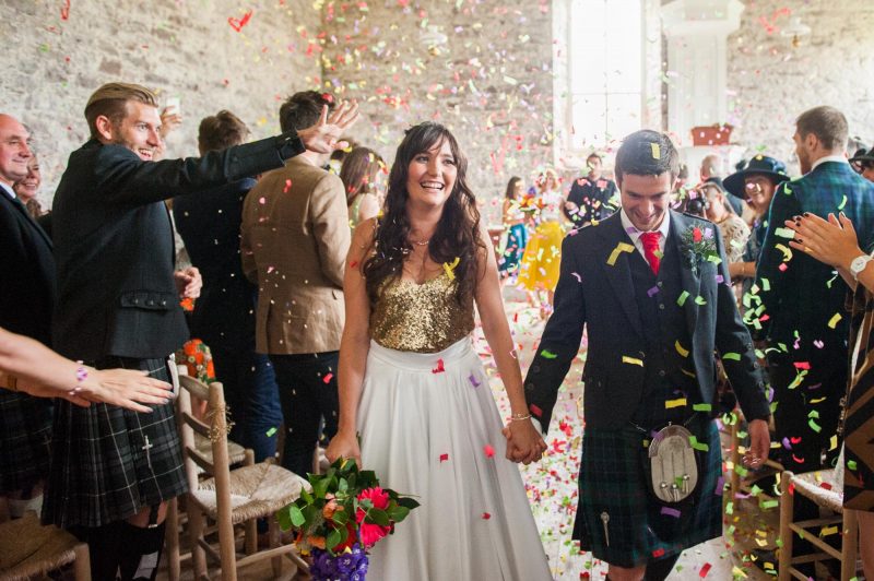 Wedding photography in applecross church with confetti