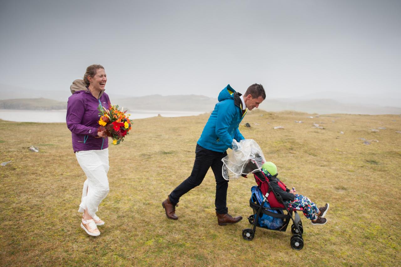 couple with child getting married on the outer hebrides 
