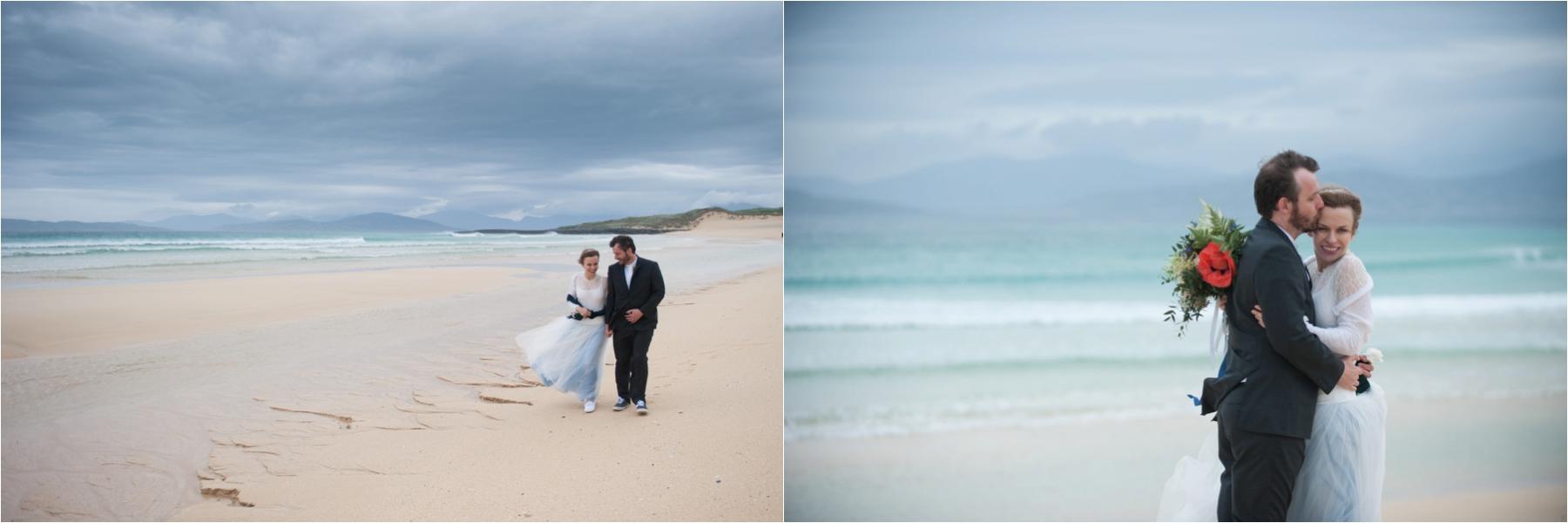 Elopement photography of a bride and groom on Scarista Beach on the Isle of Harris. 