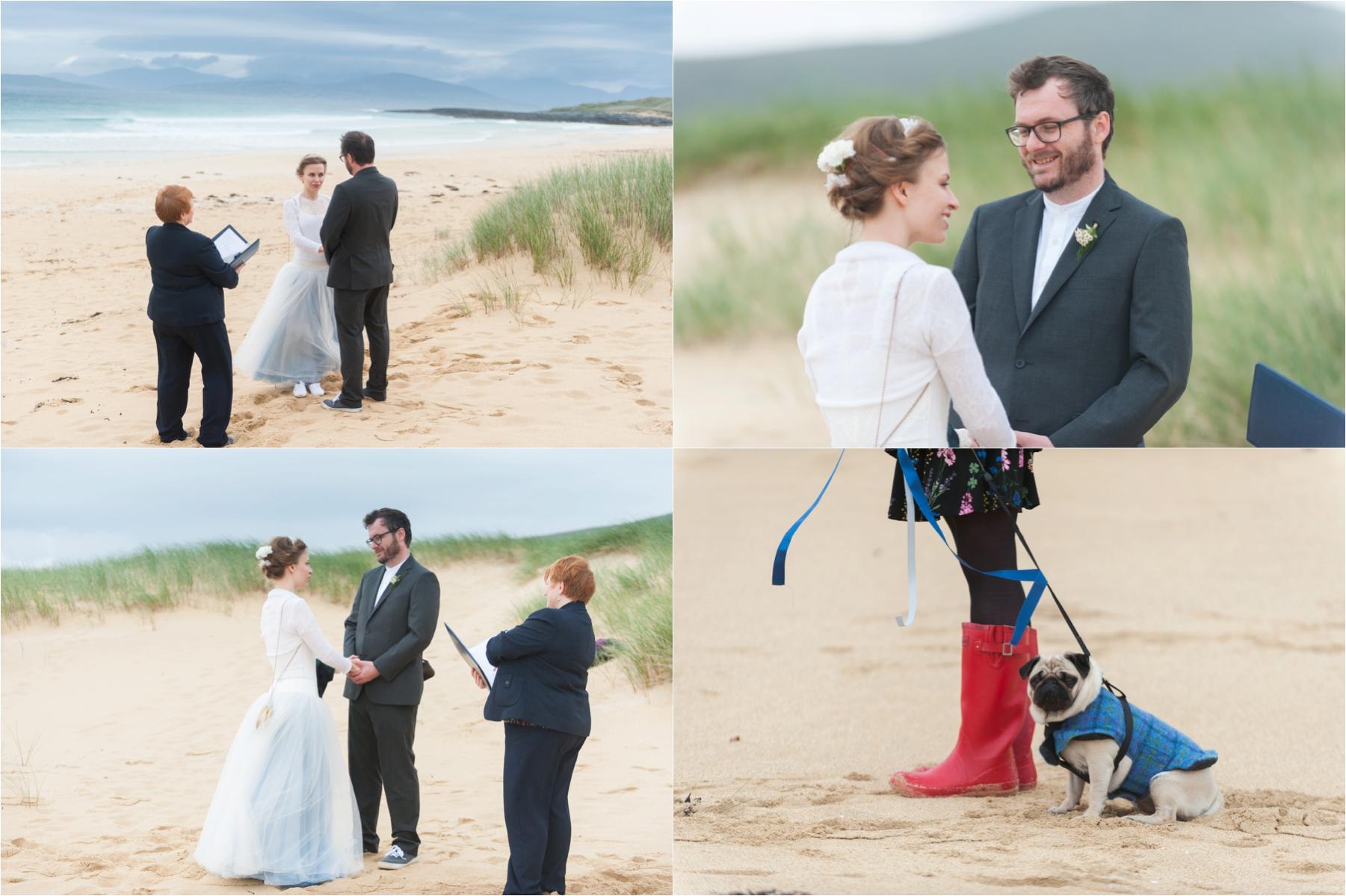 Beach wedding ceremony on the Isle of Harris. The bride and groom are exchanging vows and rings with a celebrant in front of their dog, a pug. 