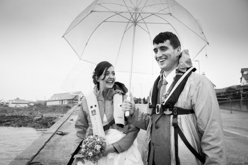 isle of mull wedding photography, beach wedding with life jackets and umbrellas