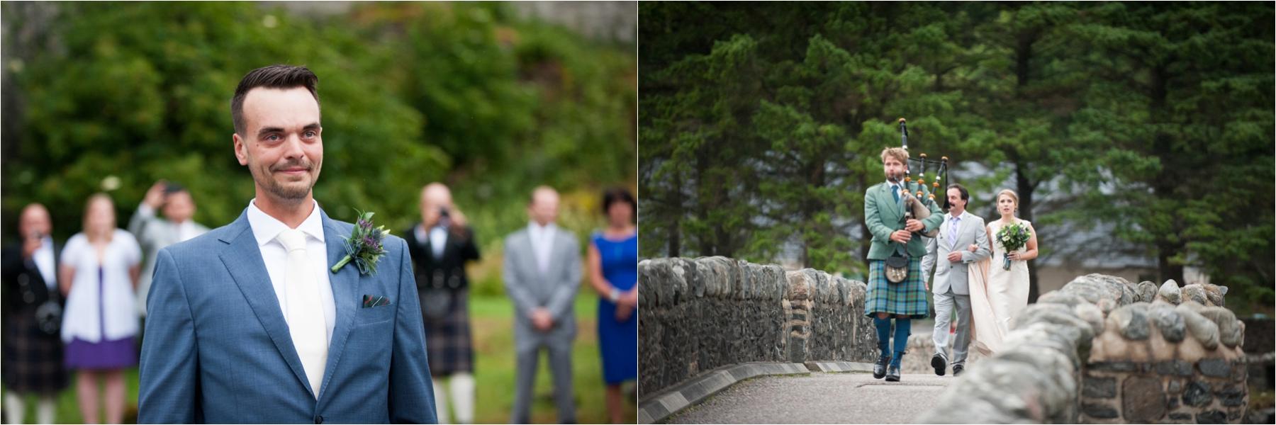 The groom waits while his bride is piped across the bridge leading into Eilean Donan Castle on the Isle of Skye. 